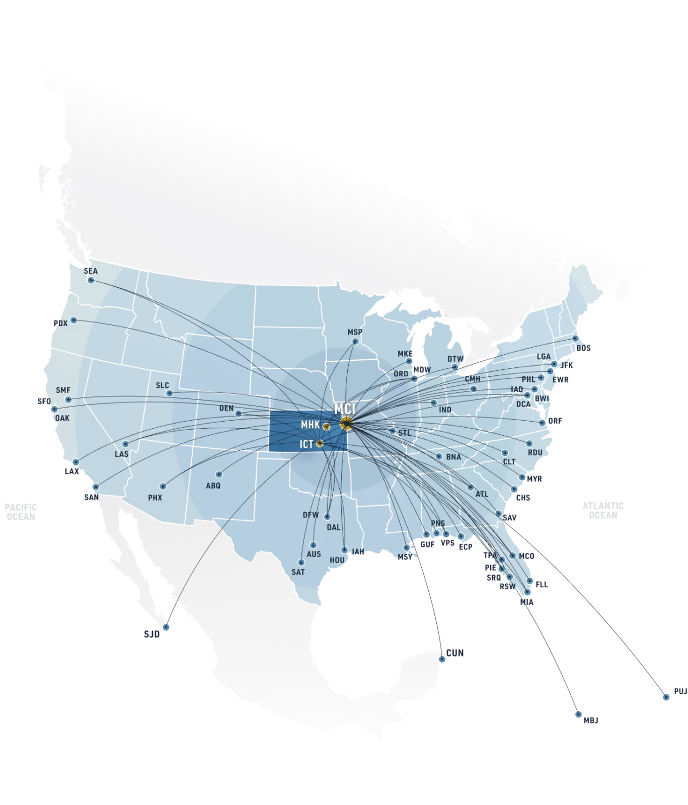 Map of flights out of Kansas